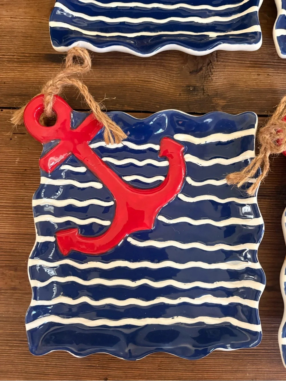 Set of 4 Nautical Red Anchor Ceramic Appetizer plates- Blue & White Stripe